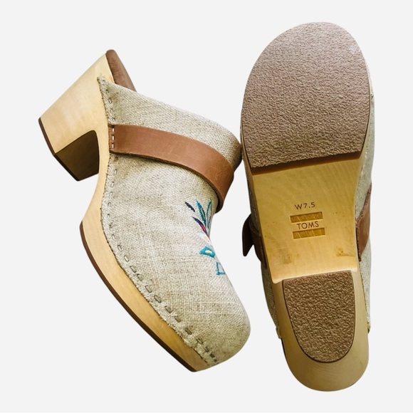 Toms Tan and Cream Elisa Clog Mules with Embroidered Design natural linen W 7.5 - Picture 6 of 15